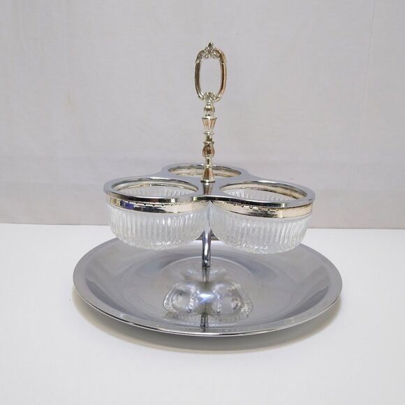 Kromex Stainless Steel Serving Caddy Three Glass Inserts Carry Handle Vintage - Picture 1 of 8